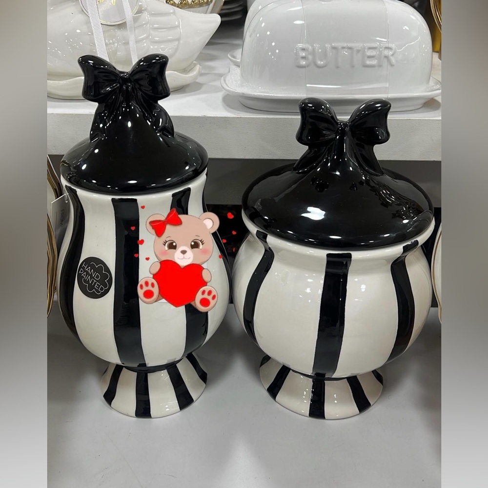 Black & White Striped Ceramic Canister with Bow Lid